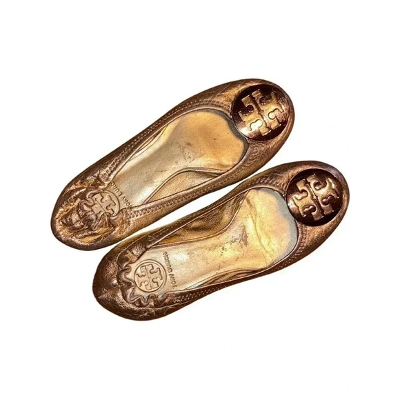 Tory Burch Reva Metallic Crackled Ballerina Gold Flat Size 4.5 - Picture 3 of 8